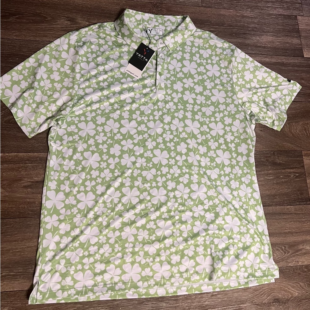 YATTA Golf Men’s Cloverfield All Over St. Patricks Day Green Polo Shirt Size 2XL